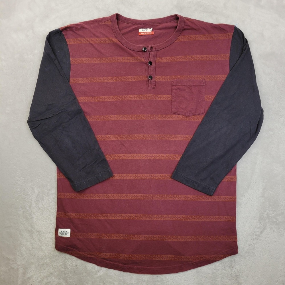 Katin Shirt Mens XL Long Sleeve Henley Stripe Pocket Made USA Baseball Red Black